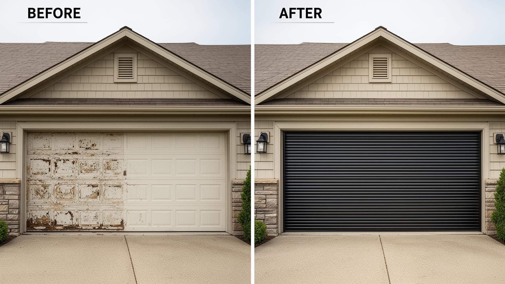 Before and after garage door installation showing dramatic improvement