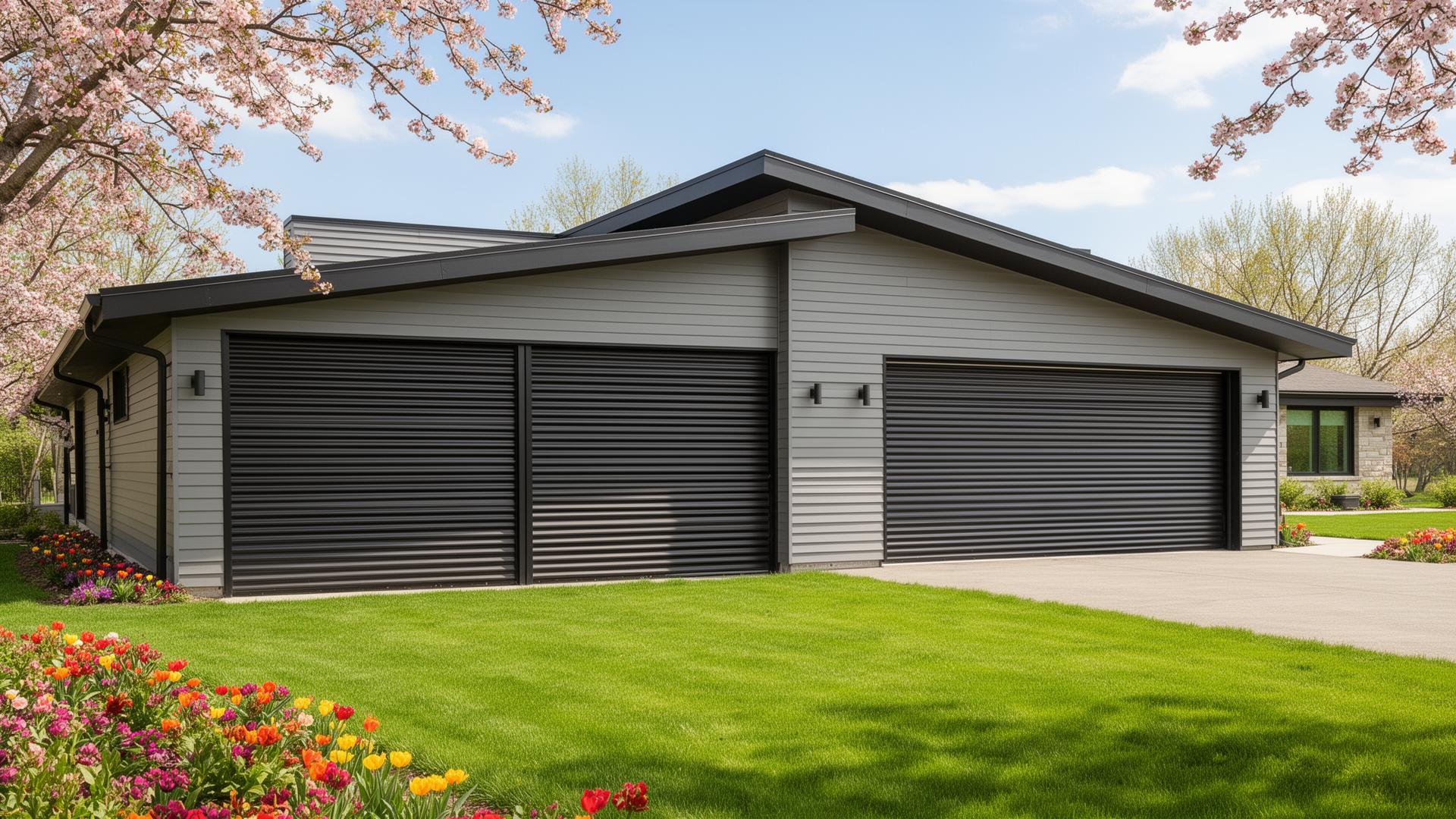 Modern prairie style home with professional industrial ribbed steel garage doors in Pierson FL